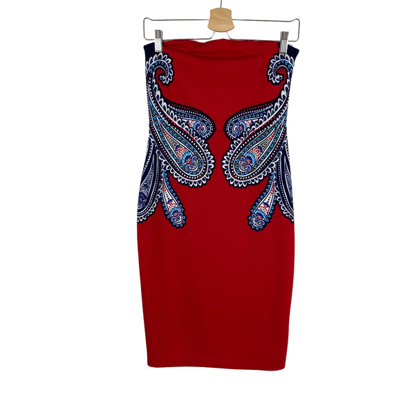 Express Dresses Express Strapless Dress Red Paisley Wedding Guest